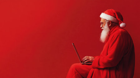 A cheerful Santa Claus in a classic red outfit sits at a laptop on a vibrant red background, embodying the modern spirit of holiday technology and joy.の素材