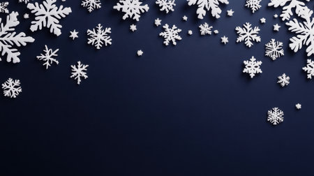 Elegant arrangement of white snowflakes on a dark blue background, creating a serene winter aesthetic perfect for holiday-themed designs and decorations.の素材