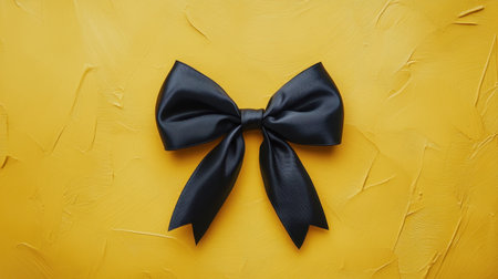 A stunning black ribbon bow elegantly arranged against a vibrant yellow background. This image captures simplicity and style, perfect for decoration, fashion, or gift presentation.の素材