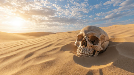 A hauntingly beautiful skull rests in golden sand, under a sky filled with dramatic clouds at sunset. This image captures the essence of solitude and mystery in a desolate landscape.の素材