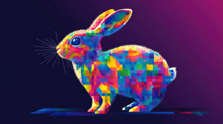 This vibrant pixel art rabbit illustration features a mix of colors set against a dark background, perfect for creative projects or as decorative art.の素材