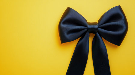 A striking black bow rests on a bright yellow background, perfect for gift wrapping or decorative purposes. The contrast of colors enhances visual appeal.の素材