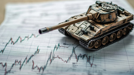 A detailed model tank positioned over financial charts symbolizes the challenges of investment and market risks. Ideal for illustrating finance concepts.の素材