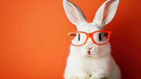 A delightful white rabbit wearing bright orange glasses poses against a vivid orange background, exuding charm and playfulness in this fun portrait.の素材