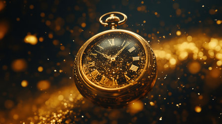 A magnificent vintage pocket watch floats in a sea of glimmering particles, symbolizing the passage of time. The rich gold finish and intricate details create a captivating visual.の素材