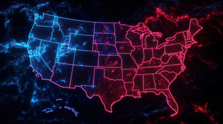 A striking illustration of the USA map featuring neon blue and red light effects. This digital artwork captures the essence of modern technology and vibrant design.の素材