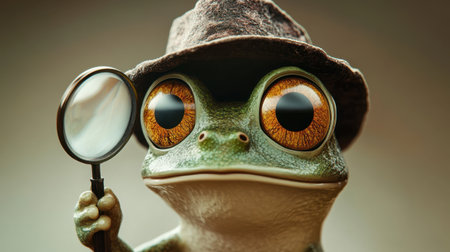 This charming illustration features a curious frog with a magnifying glass, wearing a whimsical hat. Its bright eyes and playful smile invite exploration and imagination.の素材