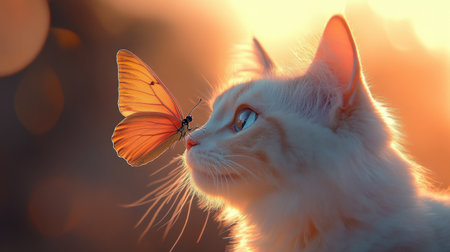 A captivating scene of a cat mesmerized by a butterfly during sunset. The warm colors and soft light create an enchanting, serene atmosphere highlighting nature's beauty.の素材