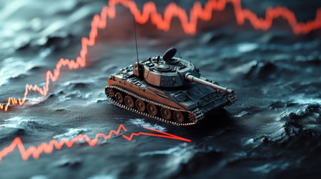 A realistic model of a tank displayed on an abstract background featuring red graph lines. The image symbolizes the intersection of military themes and market analysis.の素材