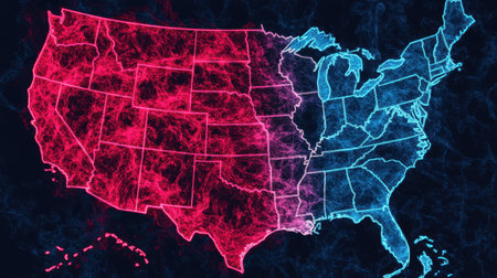Vibrant abstract map of the USA featuring neon blue and red smoke effects. This creative digital design captures modern geography with a stylish flair.の素材