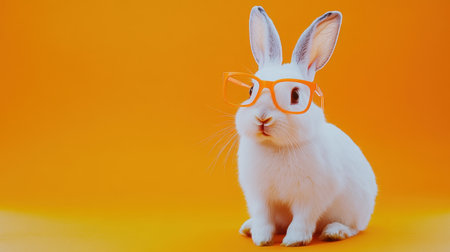This charming white rabbit wears bright orange glasses, bringing a playful and whimsical touch to any design. Ideal for cheerful themes and projects.の素材