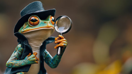 A whimsical frog detective holds a magnifying glass, sporting a stylish hat. This playful character embodies curiosity and adventure in its natural environment.の素材