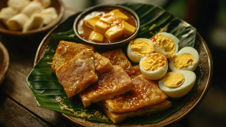 A beautifully arranged plate featuring traditional Asian ingredients, including sweet syrup, soft eggs, and delightful textures. Perfect for food lovers.の素材
