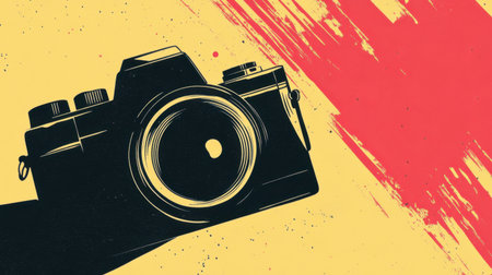 A captivating vintage camera held in hand against a vibrant brushstroke background, showcasing artistic flair. Perfect for photography enthusiasts and creative projects.の素材