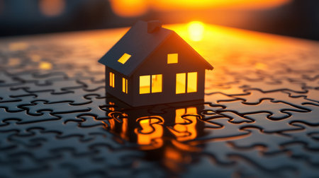A beautifully lit model house sits atop puzzle pieces, reflecting a warm sunset. This image captures the essence of harmony and creativity, symbolizing home and tranquility.の素材