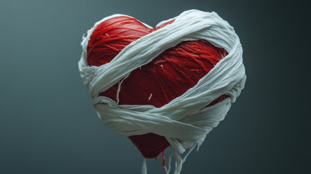 A striking image of a red heart wrapped in a white bandage, symbolizing love and healing against a dark background. Perfect for expressing emotions.の素材