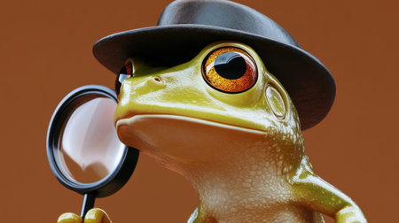 A whimsical illustration of a frog detective wearing a fedora and holding a magnifying glass, embodying curiosity and charm. Ideal for playful designs.の素材