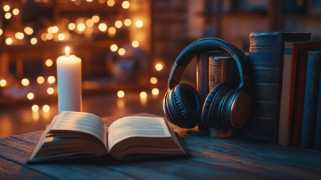This serene scene showcases a cozy reading setup featuring an open book, headphones, and a softly glowing candle, perfect for relaxation and inspiration.の素材