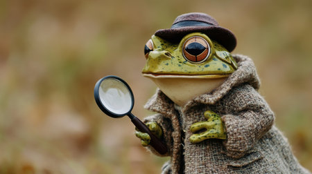 A whimsical frog dressed as a detective holds a magnifying glass, exploring nature. This playful character embodies curiosity and creativity in an outdoor setting.の素材