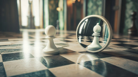 A chess pawn stands prominently next to a mirror, reflecting its image on a checkered floor. This composition captures themes of strategy, choice, and introspection in a beautifully crafted space.の素材