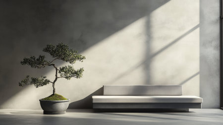This image features a serene minimalist interior showcasing a bonsai tree beside a modern sofa, illuminated by natural light and creating a tranquil atmosphere.の素材