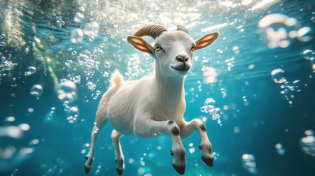 A whimsical goat joyfully swims underwater, surrounded by bubbles in a vibrant blue ocean. The scene captures playful freedom and marine beauty.の素材