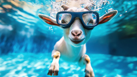 A cheerful goat swims underwater in a pool, wearing bright diving goggles. This playful scene captures the joy and whimsy of adventurous animals in fun environments.の素材