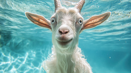A charming goat submerged underwater displays a playful and curious expression. The clear blue water creates a vibrant backdrop, highlighting the goat's unique features.の素材