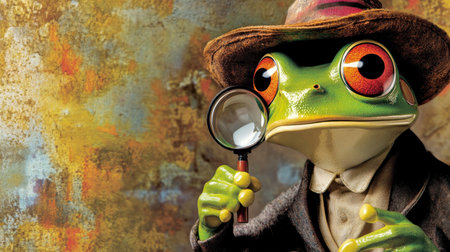 A whimsical frog dressed as a detective holds a magnifying glass, showcasing a colorful background. This playful character embodies curiosity and charm.の素材