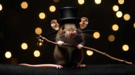 This adorable mouse in a top hat holds a stick, creating a whimsical and festive scene. The soft bokeh lighting adds charm and magic, perfect for cute animal-themed projects.の素材
