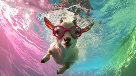 A charming goat wearing pink glasses swims happily underwater, surrounded by vibrant colors. This whimsical scene captures joy and playfulness in nature.の素材