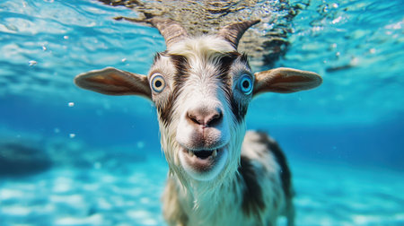 A playful goat swimming underwater, showcasing a curious expression and vibrant blue water. This enchanting scene captures the joy and liveliness of wildlife.の素材
