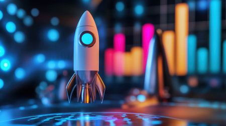 A sleek, futuristic rocket prepares for launch against a vibrant, colorful data visualization backdrop, symbolizing innovation and exploration in technology and business.の素材