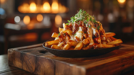 Enjoy a tantalizing view of loaded fries topped with rich cheese and flavorful beef, garnished with fresh greens, perfect for a cozy dining experience.の素材