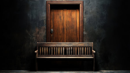 A serene scene featuring a wooden bench placed in front of a rustic door against a dark wall, creating an inviting atmosphere and aesthetic appeal. Ideal for home decor concepts.の素材