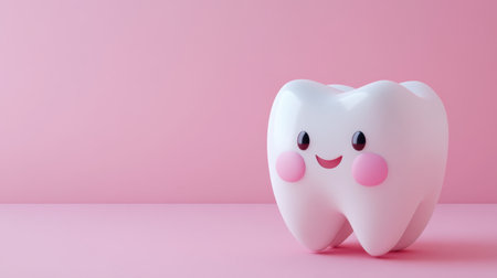 Adorable cartoon tooth character with a cheerful expression and soft blush cheeks, set against a gentle pink background. Ideal for children dental health campaigns and educational content.の素材