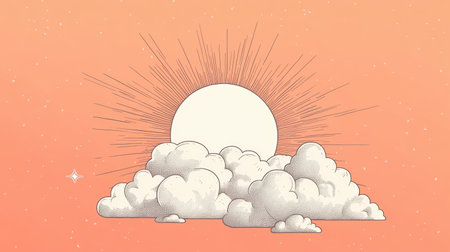 A serene illustration of a bright sun rising behind soft clouds against a warm orange sky, creating a tranquil atmosphere perfect for various creative projects.の素材