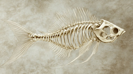 This image showcases the intricate skeletal structure of a fish, emphasizing its anatomy against a muted background, ideal for educational and scientific use.の素材