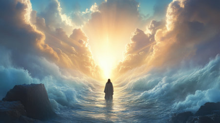 A serene figure stands among dramatic waves under a radiant sunrise, capturing a moment of tranquility and hope. The sky glows with vibrant colors, reflecting beauty.の素材