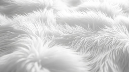 A close-up view of a soft and fluffy white fur texture, perfect for creating a cozy atmosphere in modern interiors. Ideal for fashion and home decor projects.の素材