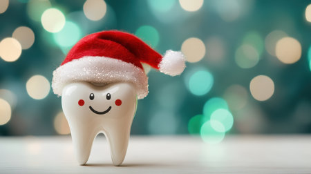Cheerful tooth with a Santa hat, red and green holiday accents creating a fun dentistry-themed Christmas scene.の素材