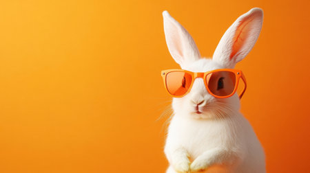 This charming image features a stylish rabbit wearing sunglasses, set against a bright orange background. Perfect for projects that evoke fun and creativity.の素材