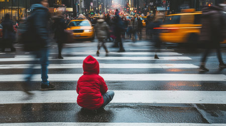 A child in a bright red coat sits on a crosswalk, surrounded by the rush of a busy urban street, highlighting a mix of innocence and vibrant city life.の素材