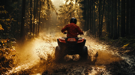 Explore the thrill of riding an ATV through a muddy trail in a serene forest at sunset. Experience the dynamic splash and adventure in nature's embrace.の素材