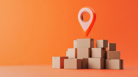 A creative representation of delivery logistics, featuring stacked cardboard boxes and a vibrant location marker against an orange backdrop. Perfect for e-commerce themes.の素材