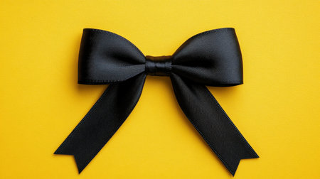 This image showcases an elegant black ribbon bow placed against a vibrant yellow background, perfect for decoration or crafting needs.の素材