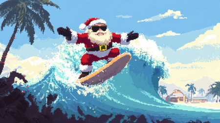A festive Santa Claus enjoys a thrilling surf ride on vibrant waves, set against a colorful tropical backdrop. Perfect for holiday cheer and summer vibes.の素材