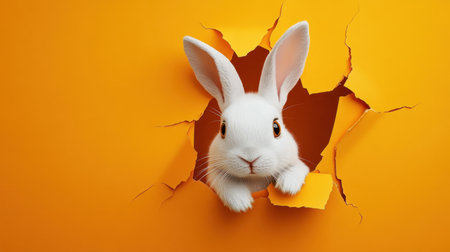 A cute white bunny peeks through a vibrant orange wall crack, showcasing a playful and curious expression. Ideal for seasonal themes and cheerful designs.の素材