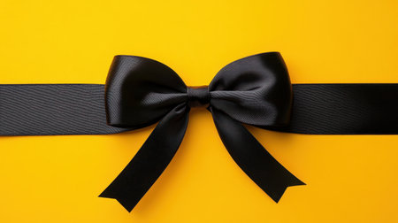 A striking black bow atop a vibrant yellow background, perfect for gift wrapping and decoration. This image captures elegance and festive spirit.の素材