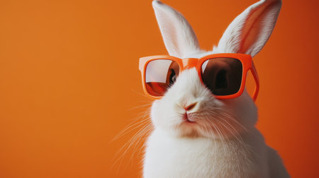 A charming white rabbit models trendy orange sunglasses against a vibrant orange backdrop, blending cuteness with a playful and fun atmosphere.の素材